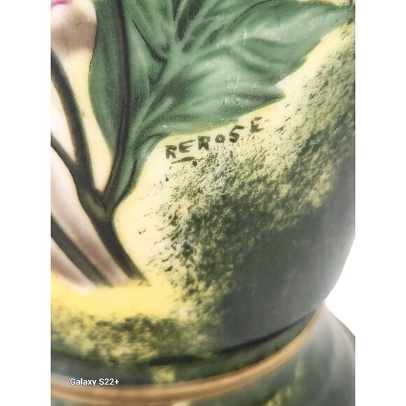 Vintage Tall Table Lamp With Brass Base Hand-Painted Floral Ceramic original fin - Picture 3 of 16